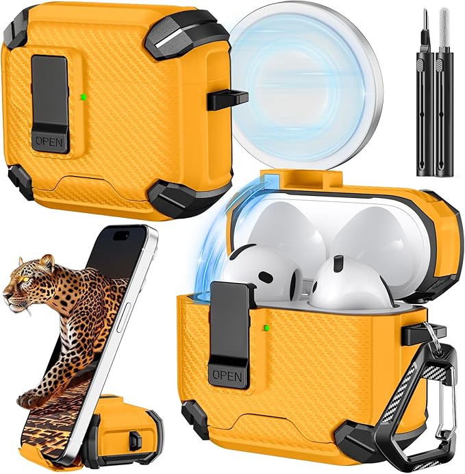 Inesore Compatible with AirPods 4th Case with Phone Stand & Cleaning Kit,Compatible with Magsafe,Magnetic Automatic Lock for Airpods 4 with Active Noise Cancellation Charging Cover (2024) Yellow