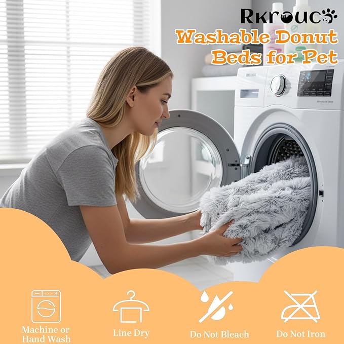 Fluffy Dog Bed Calming Donut Beds for Large Dogs Warming Round Small Medium Pet Nest Cozy Cat Mattress Indoor Washable Puppy Kennel Kittens Sleep Mat (M, 27.5×27.5 inch, Light Gray)