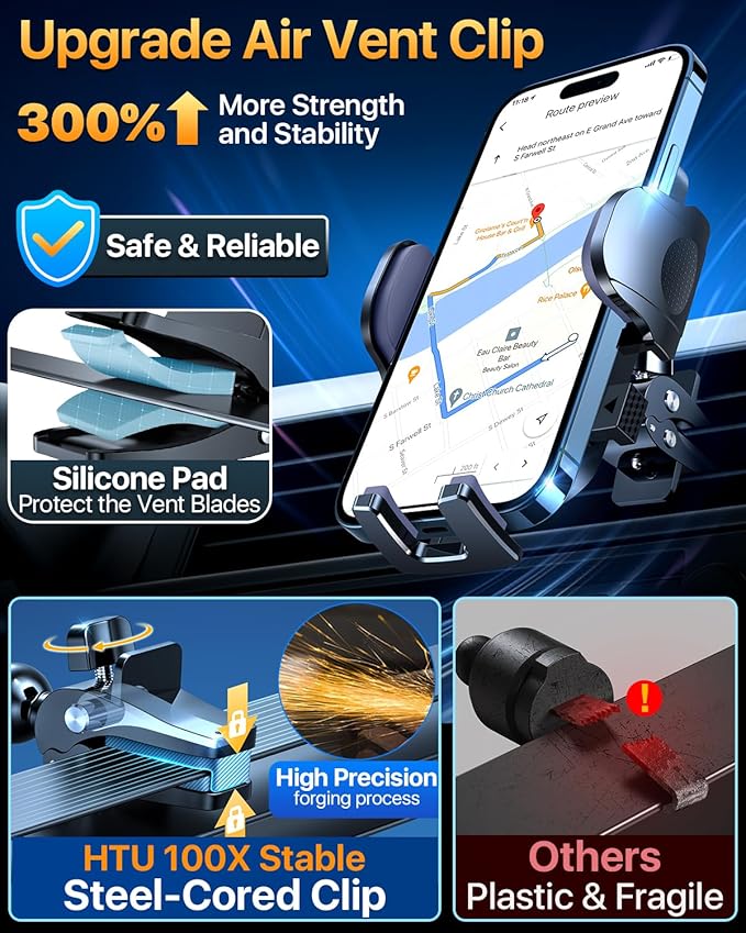 HTU 【98+LBS Strongest Suction & Military-Grade】 2025 Ultimate Car Phone Mount【Patent & Safety Certs】 Cell Phone Holder Truck Stand for Dashboard Windshield Vent for iPhone 17 Pro Max Samsung (Black)
