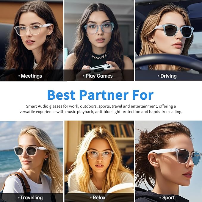 Smart Glasses for Women Men, Bluetooth Audio Glasses with Color-Changing Lenses, Open Ear Sound Speakers, Magnetic Charging, Voice Assistant, Music/Calls, Blue Light Glasses for Working Travel (Brown)