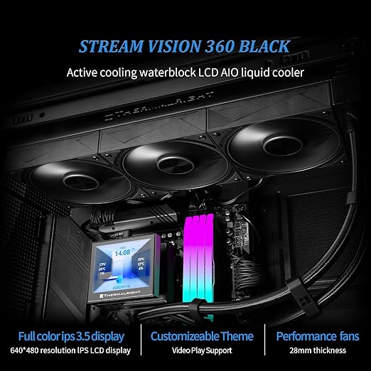 Thermalright Stream Vision 360 Black-AIO Liquid Cooler,3x120mm Water Cooling,3.5in LCD Screen with Embedded Fan,for AM4/AM5,LGA1700/1851,High Performance Magnetic Cooling Head for 640x480 Resolution