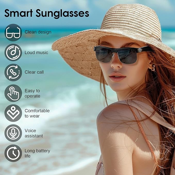 Smart Glasses, Bluetooth Sunglasses for Women Men, Open Mic & Speakers, Voice Assistant, UV Protection (Sunglasses)