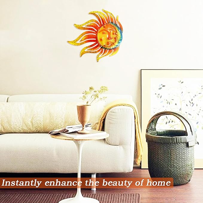 Metal Sun Moon Wall Art Decor, 12 Inch Retro Hanging Decor With Glass, Flame Sun Outdoor Indoor Wall Decorations For Patio Yard Garden Fence Living Room Bedroom
