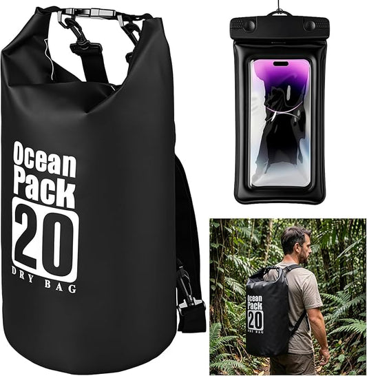 Waterproof Backpack 20L, Roll Top Closure Dry Bag Water Proof Black, Lightweight Floating Dry Bag for Kayaking Boating Hunting, Durable Hiking Backpack with IPX8 Waterproof Phone Pouch-Black, 7"