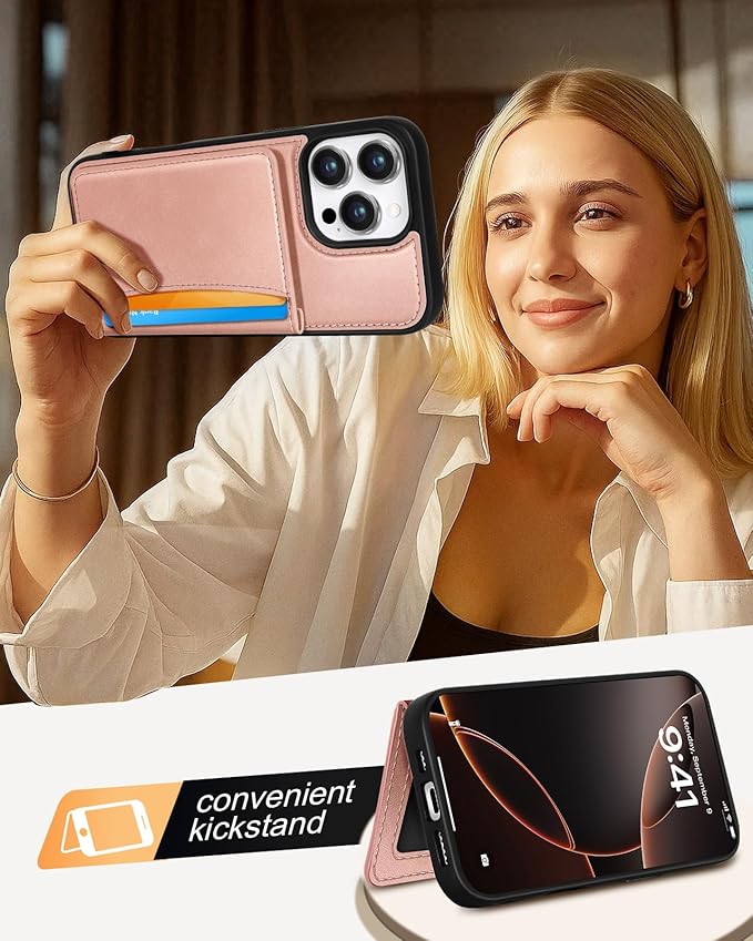 for iPhone 16 Pro Max Case with Wallet - Fits 4 Card Slots, Compatible with MagSafe for Women Aesthetic PU Leather Credit Card Holder Kickstand Phone Cover for Apple 16 Promax, Rose Gold
