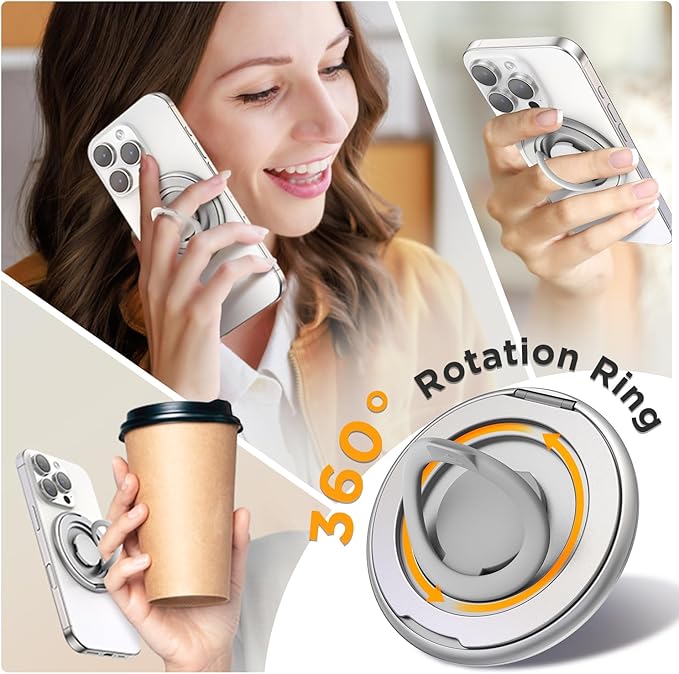 SURPHY Magnetic Phone Ring Holder for MagSafe, Cell Phone Grip Stand and Silicone Finger Ring Compatible with MagSafe Accessories, Kickstand for iPhone 16 15 14 13, Silvery
