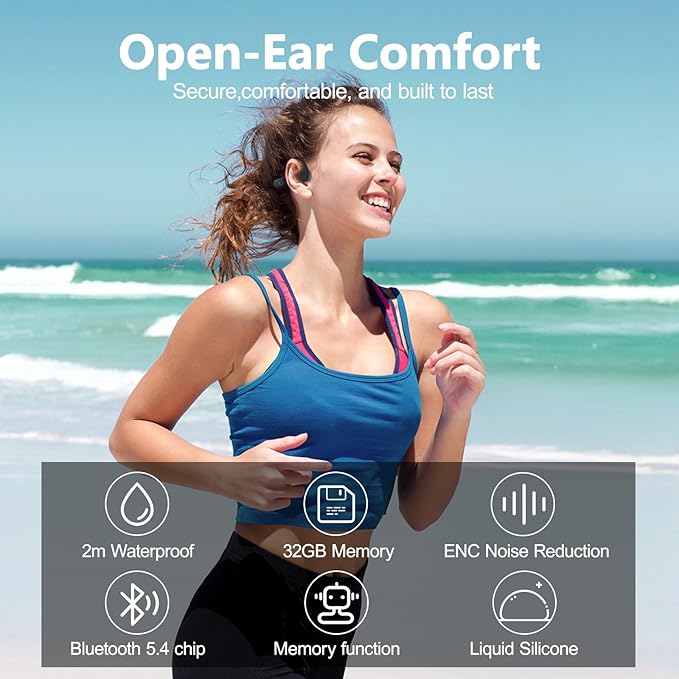 Bone Conduction Headphones IPX8 Waterproof Swimming Headphones Open Ear Headphones with MP3 Mode 32GB Memory 8H Playtime Bluetooth 5.4 Ear Buds Secure Fit for Running and Fitness (Gray)