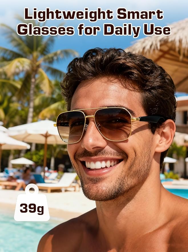 Bluetooth Sunglasses for Men, AI Smart Glasses with Open-Ear Speakers for Music & Calls, Blue Light Blocking UV400 Lenses Lightweight Translation Glasses for Driving, Travel & Work