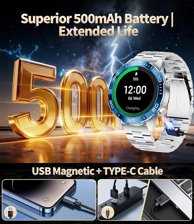 Military Smart Watch for Men(Answer/Calls),1.43''AMOLED Screen,500mAh 5ATM Waterproof,170 Sports Modes, Fitness Tracker Watch with Heart Rate/Blood Pressure/SpO2 for Android/iOS,Smartwatch Black