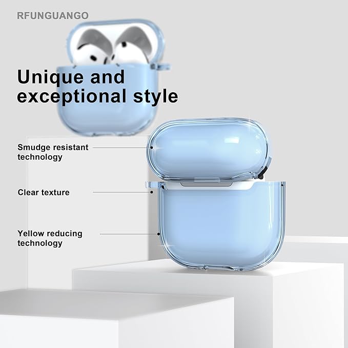 RFUNGUANGO for AirPods 4 Case Clear, Soft TPU Transparent with Cleaning Kit & Keychain, Compatible with Magsafe, Compatible Apple AirPods 4 (2025) Generation Protective Case, Blue