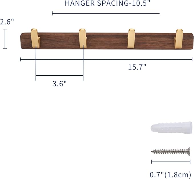 SARIHOSY] Wall Mounted Coat Rack,Multi Hook Hangers,Entryway Hanging Coat Rack,Metal Wood Coat Rail with 4 Hooks，Walnut Wood,zinc Alloy,Bedroom,Bathroom,Foyer,Living Room,Metal Household Items