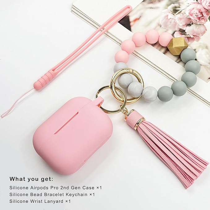 Compatible with Airpods Pro 2nd Generation Case Cover 2022, Soft Silicone Protective Cover with Bracelet Keychain for Apple Airpods Pro 2 Case for Women (Pink)
