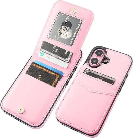 KIHUWEY Compatible with iPhone 16 Case Wallet with Credit Card Holder, Flip Premium Leather Magnetic Clasp Kickstand Heavy Duty Protective Cover for iPhone 16 6.1 Inch (Pink)