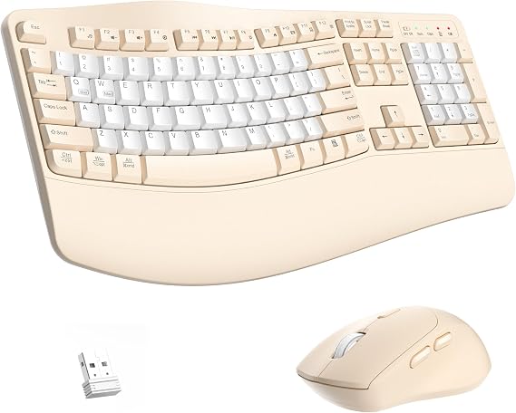 Wireless Keyboard and Mouse Combo,2.4G Ergonomic Wave Keys(Latte Color-B)