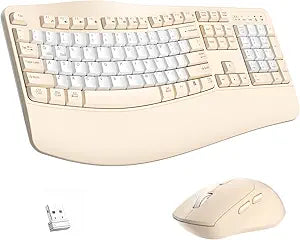 Wireless Keyboard and Mouse Combo,2.4G Ergonomic Wave Keys(Latte Color-B)