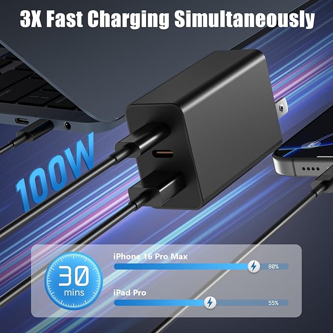 [2-Pack] USB C Wall Charger 3-Port,100W GaN Multiport Fast Charging Charger Block, PD+QC Power Adapter Plug for iPhone 17 Air/16/15/14/13/Pro Max/XS/XR, MacBook Pro/Air,iPad, Samsung S25/S24, and More