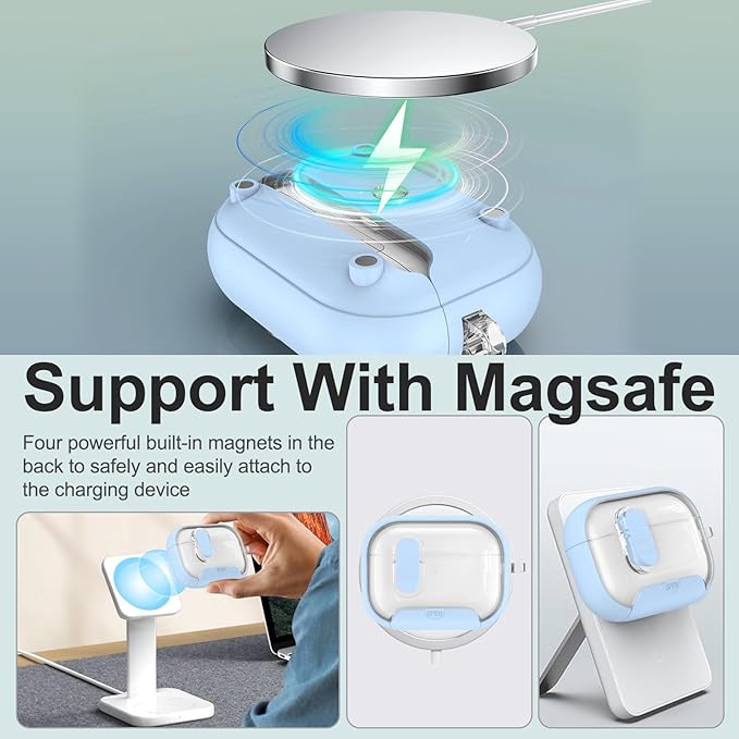 for Airpods Pro 3 Case Clear,Secure Lock for Airpods pro 3rd Generation Case Cover with Phone Stand and Magsafe Function,Auto Pop-up,Hybrid Protection Design with Carabiner&Cleaning Pen-Blue