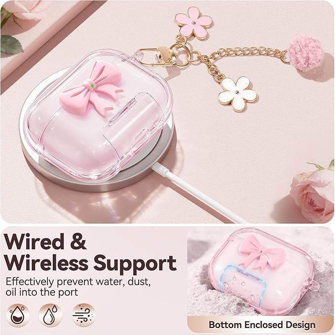 for AirPods Pro 3 Case 2025, with Safety Lock & Phone Stand for AirPods Pro 3 Generation Case Cover for Women Girly,Clear Pink Bow Butterfly iPods Pro 3 Case with Keychain, Pink