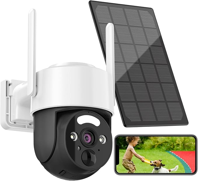 2K Solar Security Cameras Wireless Outdoor, Pan Tilt 360° WiFi Camera for Home Security, 8000mAh Battery Powered with Color Night Vision, 3W Solar Panel with PIR Sensor Wireless Easy Install