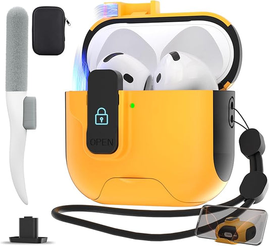 Maxjoy for AirPods 4 Case with Lock, AirPods 4th Generation Case Cover with Cleaner Kit Shockproof AirPod Gen 4 Protective Cases with Keychain Compatible with Apple AirPods4 2024, Yellow