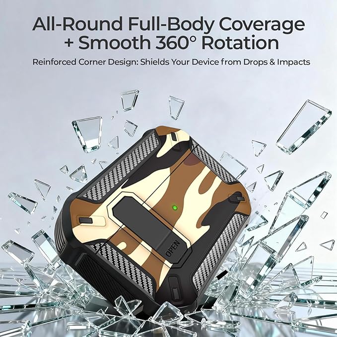 for AirPods Pro 3 Case, Secure Lock Cases Cover with Carabiner Compatible with Airpods Pro 3rd Generation Case, Full Body Shockproof Protective AirPod Case for Men Women (Camo Brown)