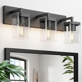 Bathroom Lighting Fixtures Over Mirror, Square Design & Rectangle Large Backplate, 3 Lights Morden Vanity Lighting Fixtures, Bathroom Light Fixtures for Bathroom/Living Room/Bedroom, Black - Image 1