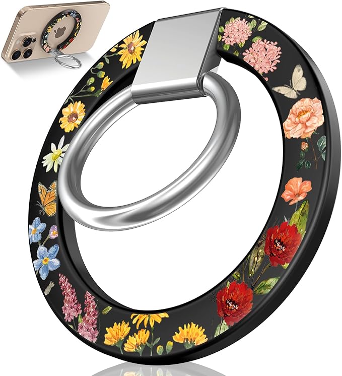 Toycamp Phone Grip Ring Holder Compatible with MagSafe - Magnetic Phone Grip Stand Women Cute Painting Removable Rotatable Magnet Accessories for iPhone 17 Pro Max/16/15/14/13/12 Series, Floral Flower