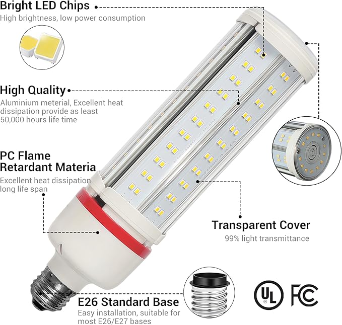 GT-Lite Commercial LED COB Light Bulb, 45W, 6975 Lumens, E26 Base, High Efficiency, Energy Saving, Damp Rated, Easy Installation, for Garage, Workshop, Warehouse, Basement