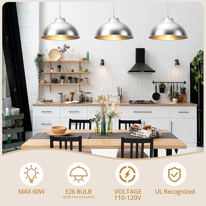 11.8" Aluminum Modern Farmhouse Pendant Light,Adjustable Height 47 Inch Cord Dimmable LED Compatible E26 Base Sandblasting Oxidation Round Dome Hanging Light Fixture for Kitchen Island Indoor (Silver)