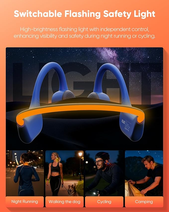 Open-Ear Bone Conduction Headphones, IP66 Waterproof, Integrated Transducer Running Headphones with Dual Mode, Rear Safety Light, 10H Battery,Advanced Mic for Cycling, Hiking & Outdoor Sports