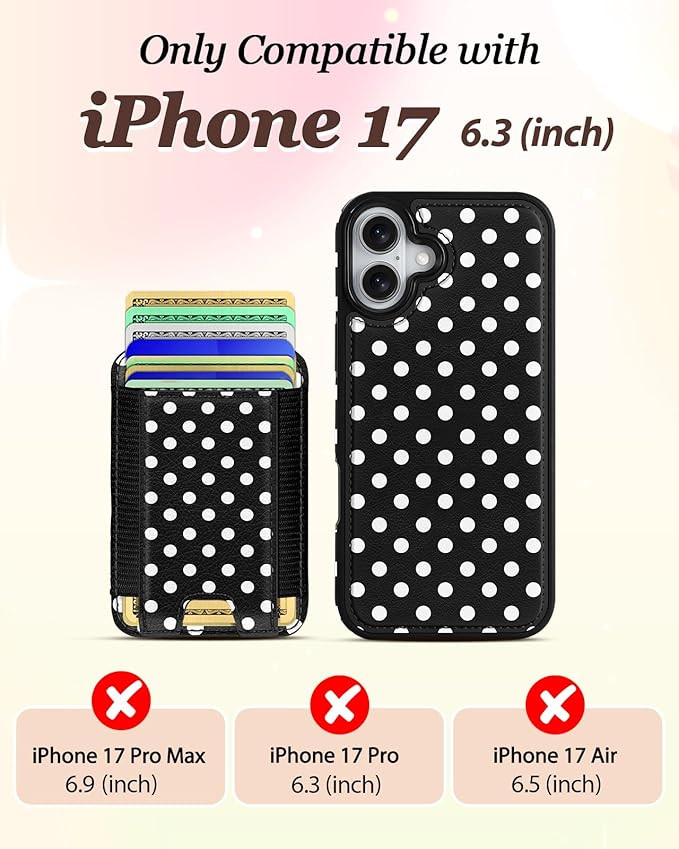 Shorogyt for iPhone 17 Wallet Case - Fits 5 Cards, Compatible with Magsafe Detachable Magnetic Credit Card Holder Leather Cardholder Cute Phone Cover Women Girls for Apple 17, Polka Dots