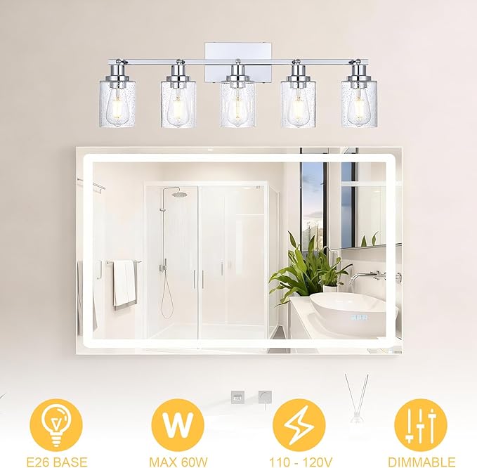 5-Light Chrome Track Light Fixture Ceiling Track Lighting Kit with Seeded Glass Track Lighting Heads Ceiling Vanity Light, Multi-Directional Rotating Spotlight Fixtures for Kitchen Accent Shop