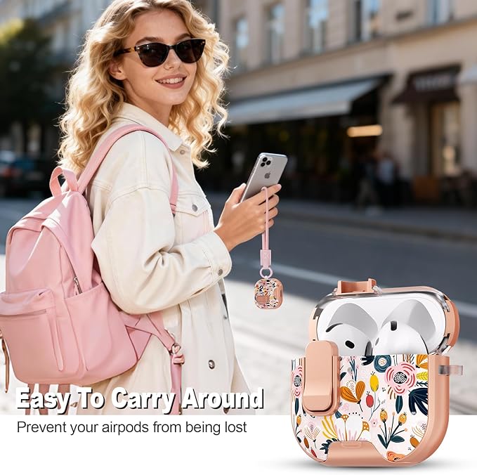 for AirPods 4 Case with Secure Lock Clip in Phone Stand,Floral Girly Style Protective Cover with Cleaning Kit and Hand Strap for Apple AirPod 4 Generation (Palm Petals)