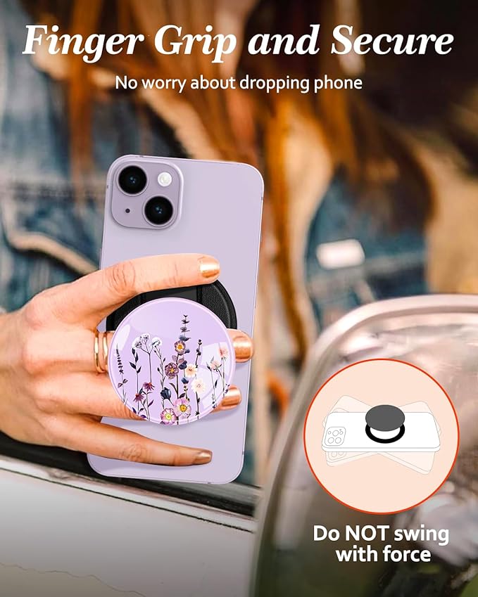 Kidcube Magnetic Phone Grip Compatible with Magsafe - Cell Phone Grip Stand Ring Holder Magnet Kickstand Removable Accessories for iPhone 16 Pro Max/16/15/14/13/12 Series Cute Girly Purple Flowers