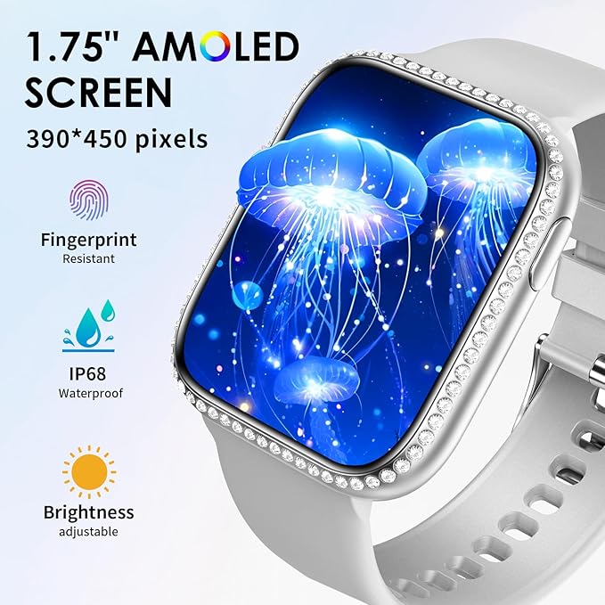 Smart Watch for Women, 1.75" AMOLED Fitness Tracker for Android iOS, Answer/Make Call with Heart Rate Sleep Monitor 130+ Sports Mode, IP68 Waterproof Smartwatch (Gray Band)