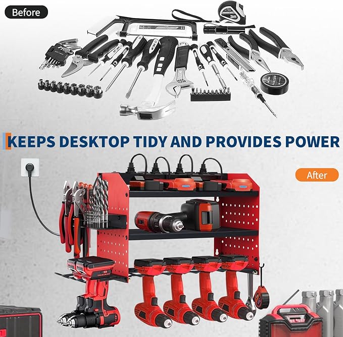 Power Tool Organizer, Drill Holder Wall Mount with Charging Station, Heavy Duty 3-Layer Power Pool Storage with 8 Outlets, 4 Drill Storage Shelf with Hooks, Battery Storage Holder for Garage