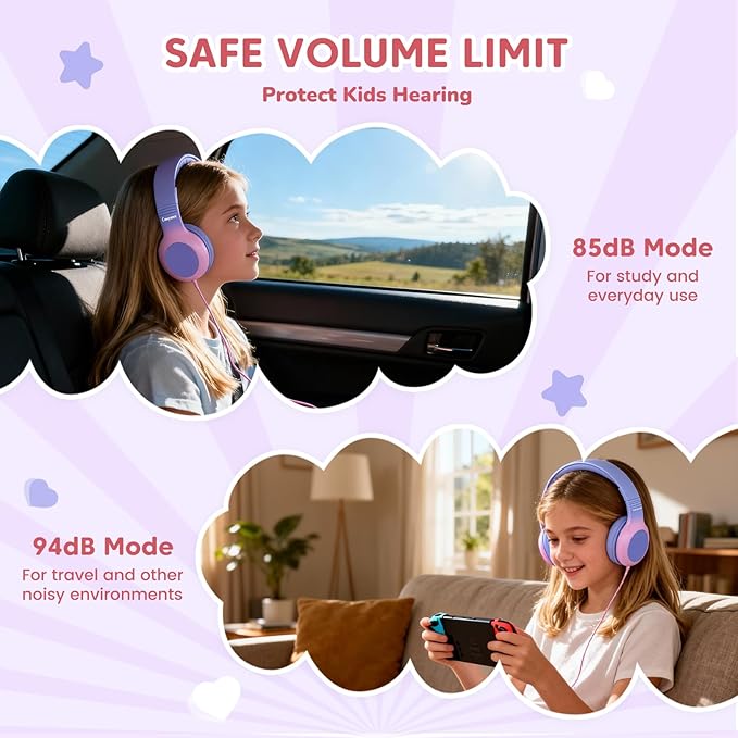 USB Type C Kids Headphones, Wired Headphones for Kids with Microphone, 85/94dB Volume Limit, Stereo Sound, Foldable Over-Ear USB-C Headphones for School/Travel/Tablet/iPad, Purple