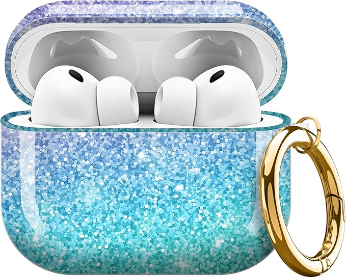 Compatible with AirPods Pro 3 (2025) Case, Airpod Pro 3 Protective Cover with Cute Golden Keychain for Girls & Women (Pink Blue Gradient)