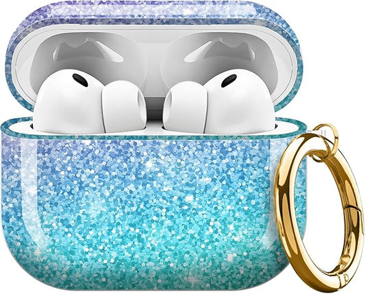 Compatible with AirPods Pro 3 (2025) Case, Airpod Pro 3 Protective Cover with Cute Golden Keychain for Girls & Women (Pink Blue Gradient)