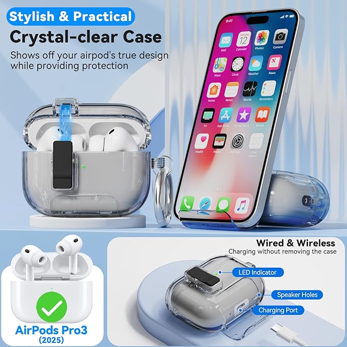 for AirPods Pro 3 Case 2025 with Phone Stand & Secure Lock, Auto-Open Clear Case Cover Compatible with Apple AirPods Pro 3rd Generation with Cleaning Kit & Keychain