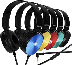 Classroom Headphones-Bulk 25-Pack, with Microphone Student On Ear Comfy Swivel Earphones for Library, School, Airplane, Kids-for Online Learning and Travel, HQ Stereo Sound 3.5mm Jack (Colored Set)