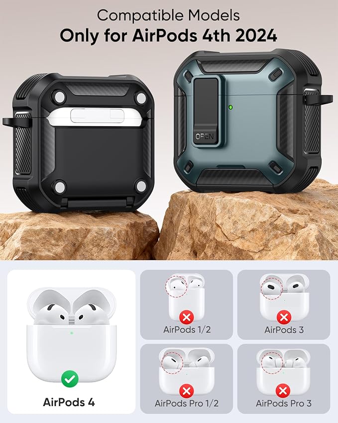 MoKo for AirPods 4 Case with Lock 2024 - Compatible with MagSafe, Phone Stand & Auto Pop-up for AirPods 4th Generation Case, Military-Grade Protective Cover with Cleaner Kit, Apple Green+Black