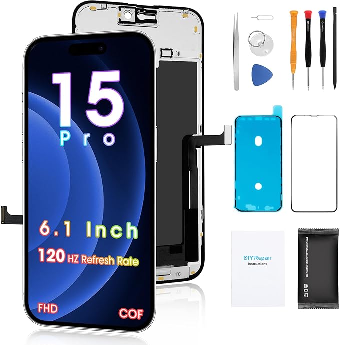 for iPhone 15 Pro Screen Replacement 6.1', 3D Touch Display Full Repair kit, Digitizer Assembly with Tools Set, Tempered Glass, Instruction