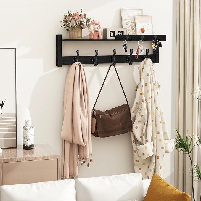 Homode Coat Rack with Shelf, 29 Inch Long Wooden Coat Hanger Wall Mount with Key Rack and Mail Holder, Entryway Wall Hooks with Shelf for Bathroom Living Room Bedroom Hallway Kitchen, Black