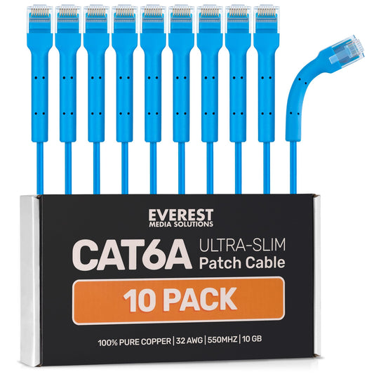 Everest Ultra Slim Cat6a Ethernet Patch Cables 0.5ft (10-Pack) Blue