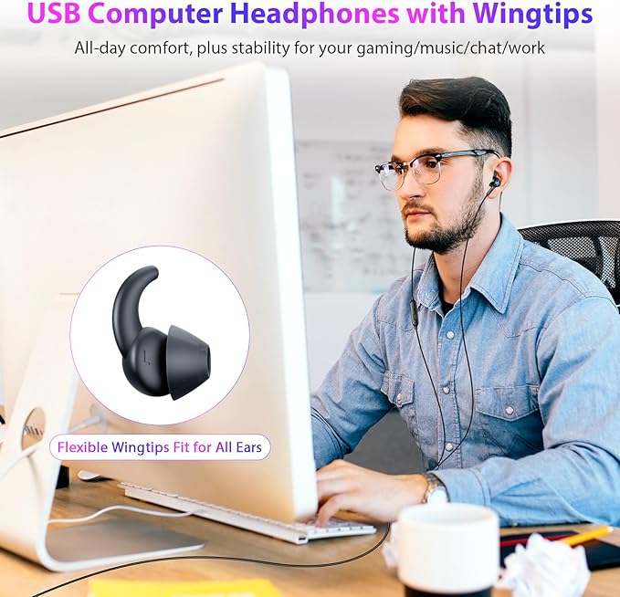 APETOO Wired Earbuds USB Computer Headphones with Anti-Fall/Hurt Wingtips for PC/Laptop/PS5 4 - Mute Mic, 7.1 Surround Sound, 7.5ft Noise Canceling in-Ear Type A Headset for Men/Women/Small Ear/Indoor