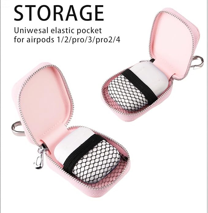 Earbud Case, Headphone Storage Case for AirPods 4/1/2/3/Pro 2, Leather Plaid Zipper Carrying Pouch Earbuds Bag with Keychain for Wireless Earphones, Wired Headphone & USB Cable Lattice Pink
