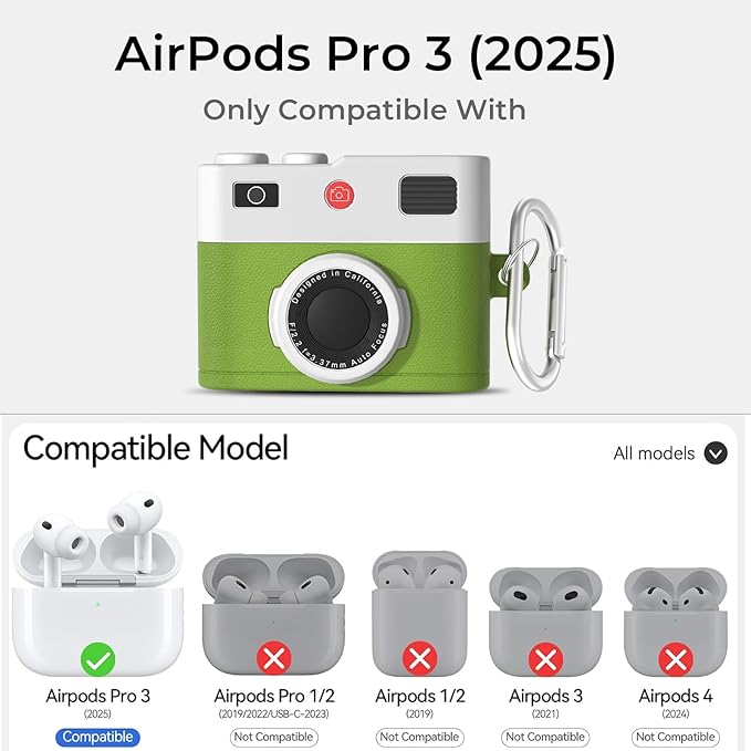 for Airpods Pro 3 Case Cute,Retro 3D Camera Design for Air pod Pro 3 Cover with Keychain Shockproof Protective Soft Silicone Case for Airpods Pro 3 Gen for Men Women, Green