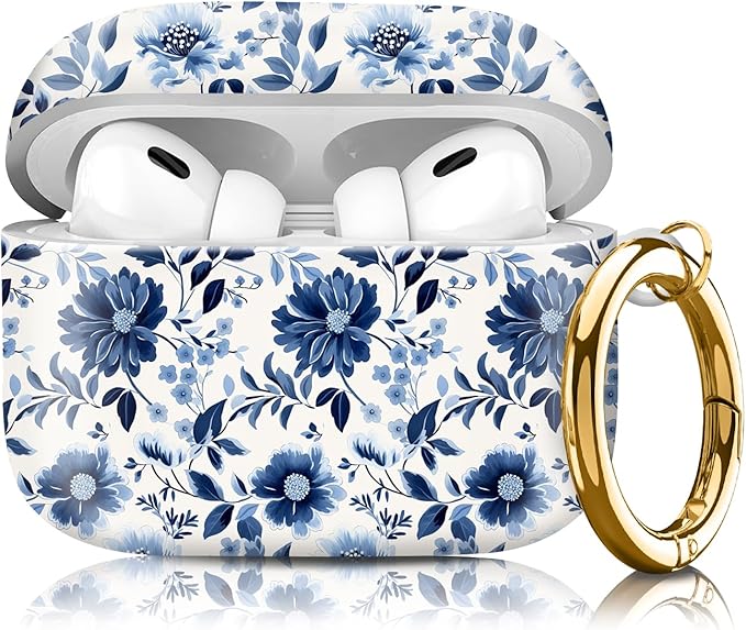 Compatible with Airpod pro 2nd/1st Generation Case Cover with Gold Round Keychain Cute Pattern Hard & Anti Slip Cover for Men Women & Girls（Blue and White）
