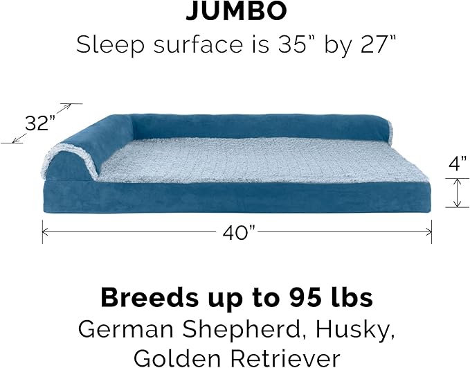 FurHaven Orthopedic Dog Bed for Large Dogs, L-Shaped Chaise Sofa with Orthopedic Egg Crate Foam for Joint Support, Removable Washable Cover, Jumbo/XL, Faux Fur & Suede, Marine Blue